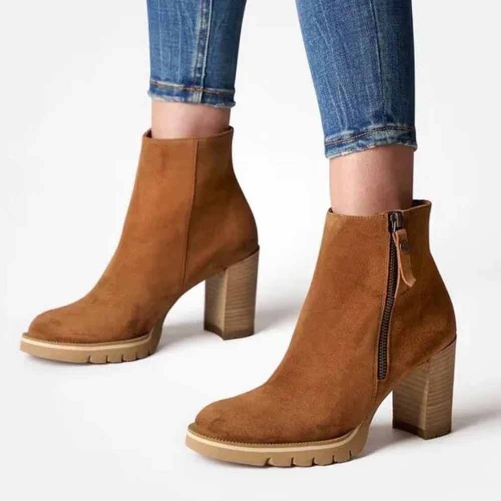 Paul Green Sloane Ankle Boots Size 8 Lug Sole Block Heel Brown Suede NEW $485